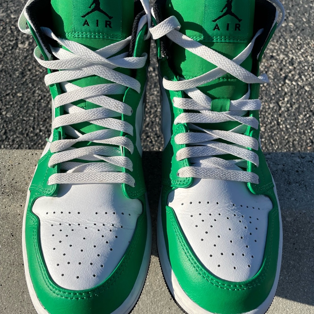 Air Jordan 1 Mid Green and White Sneakers - Picture 2 of 5